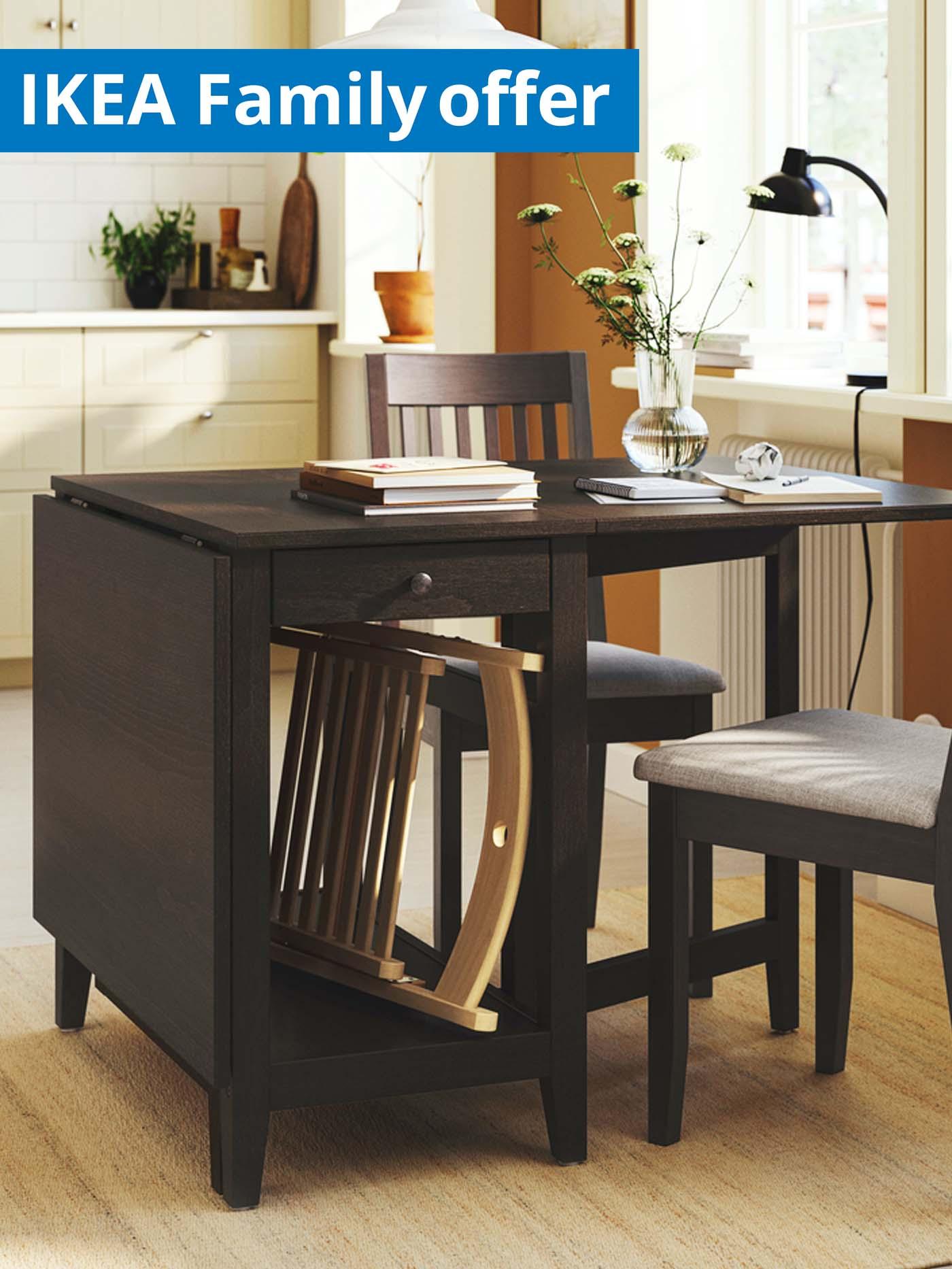 IKEA Family offer, 1-30 September 2026. Dining room features NASINGE gateleg table, dark brown stained beech veneer/dark brown stained.