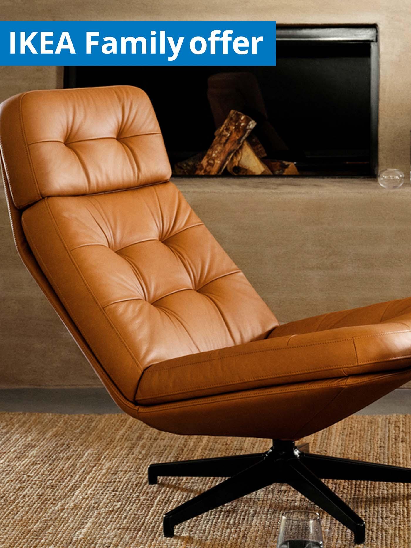 IKEA Family offer, 1-30 September 2026. HAVBERG swivel armchair in living room.