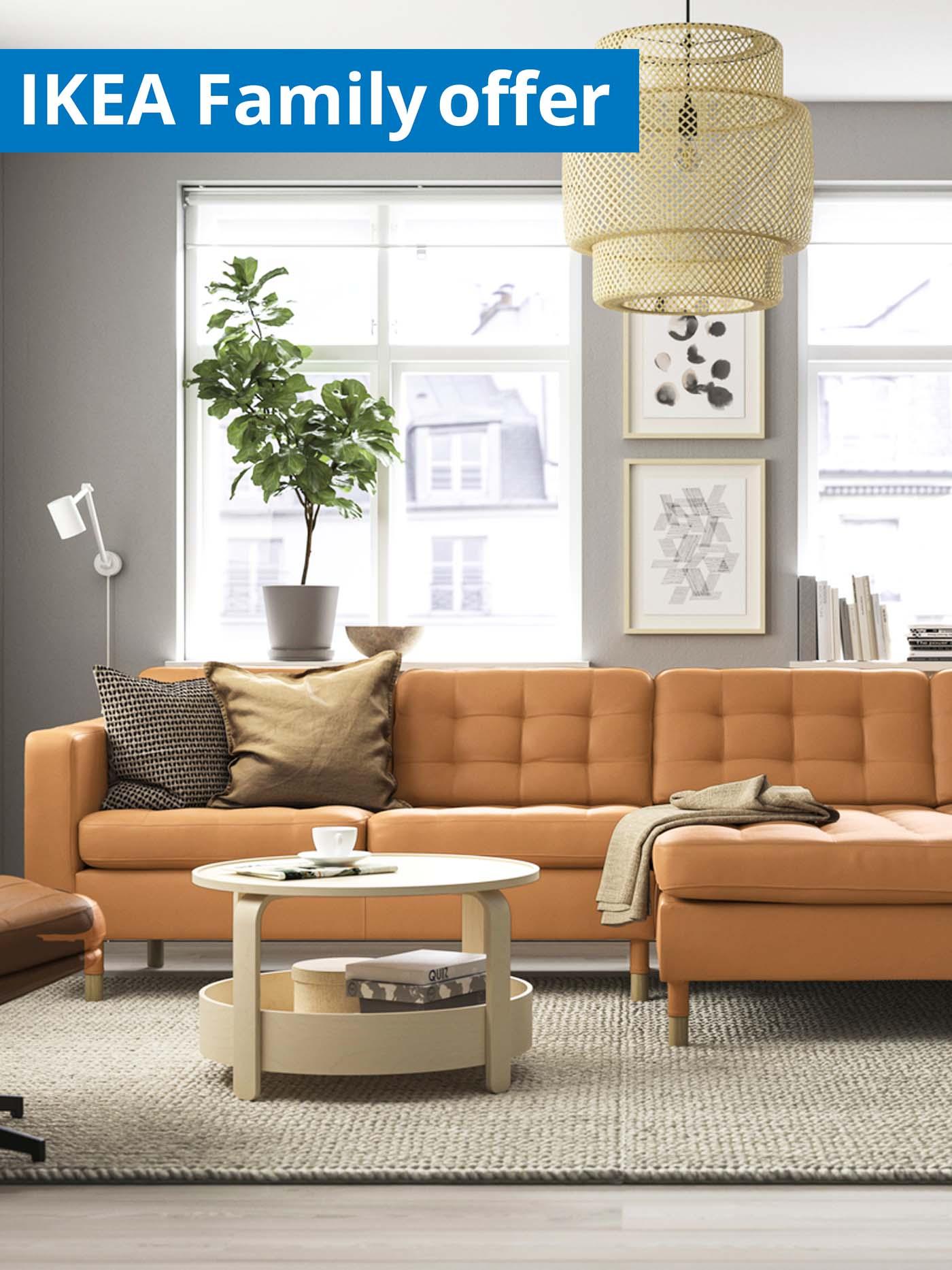 IKEA Family offer, 1-30 September 2026. LANDSKRONA sofa in living room.