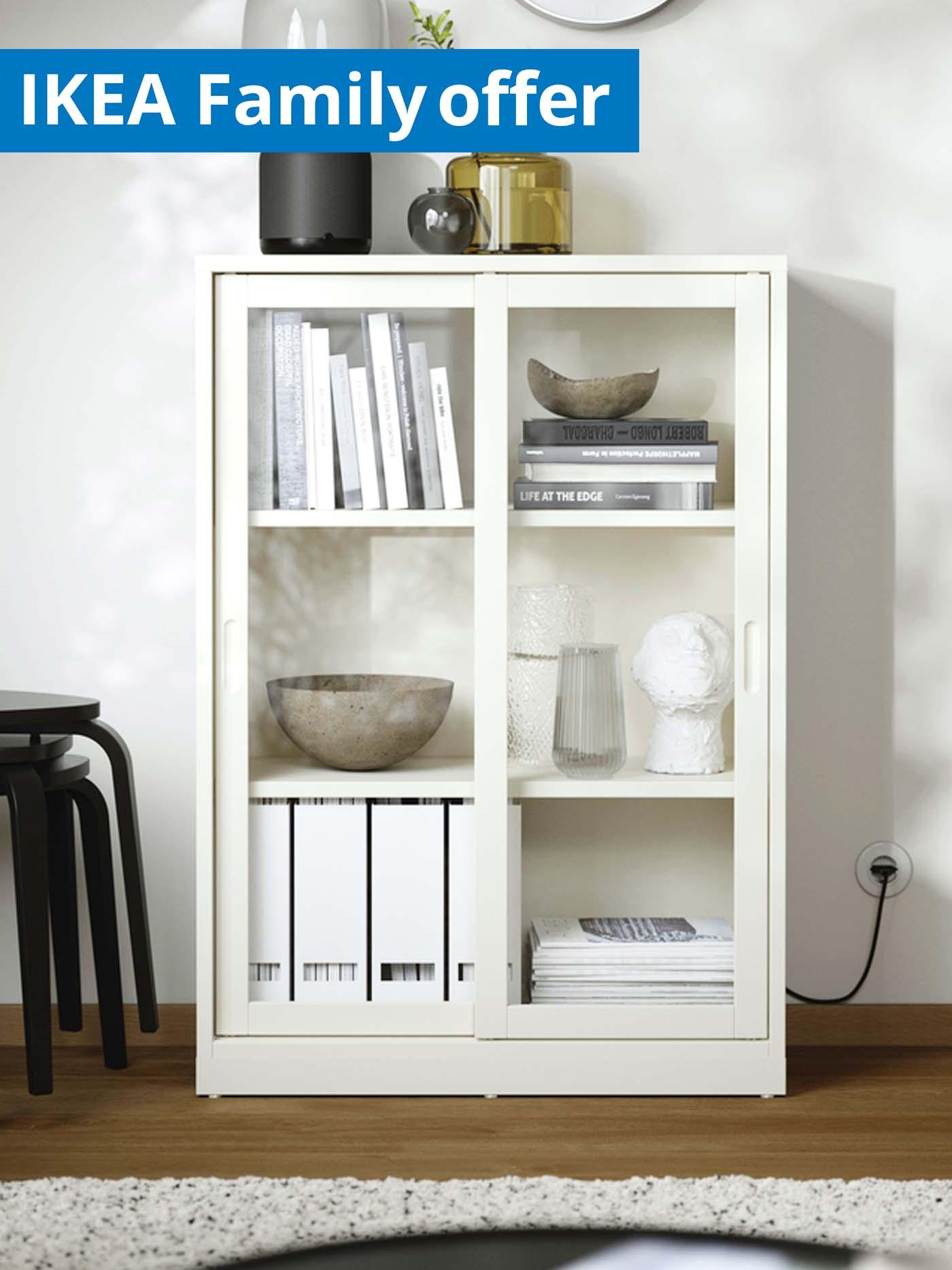 IKEA Family offer, 1-30 September 2026. Off-white TONSTAD cabinet with glass doors.