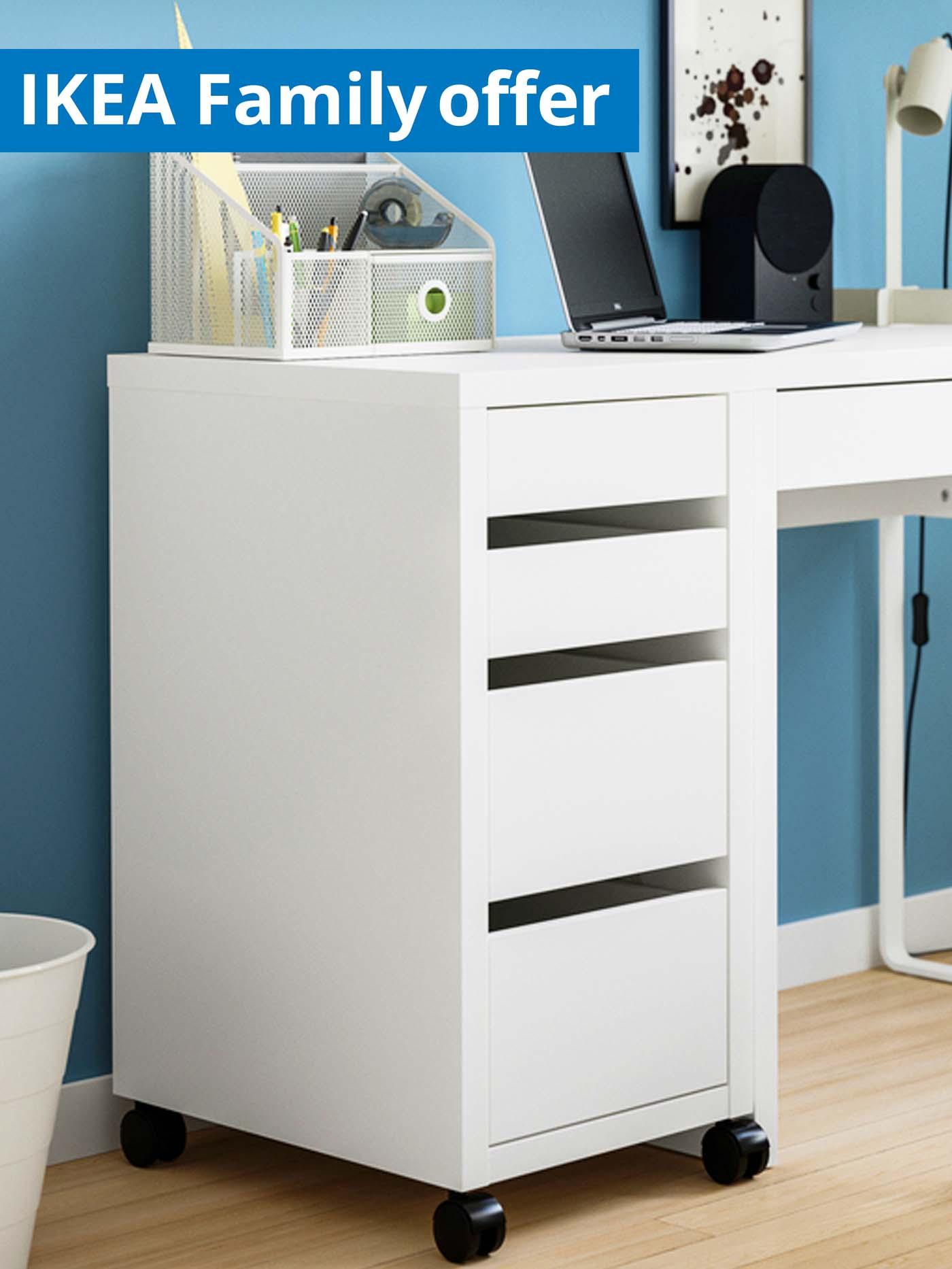 IKEA Family offer, 1-30 September 2026. Study room features white MICKE drawer with castors.