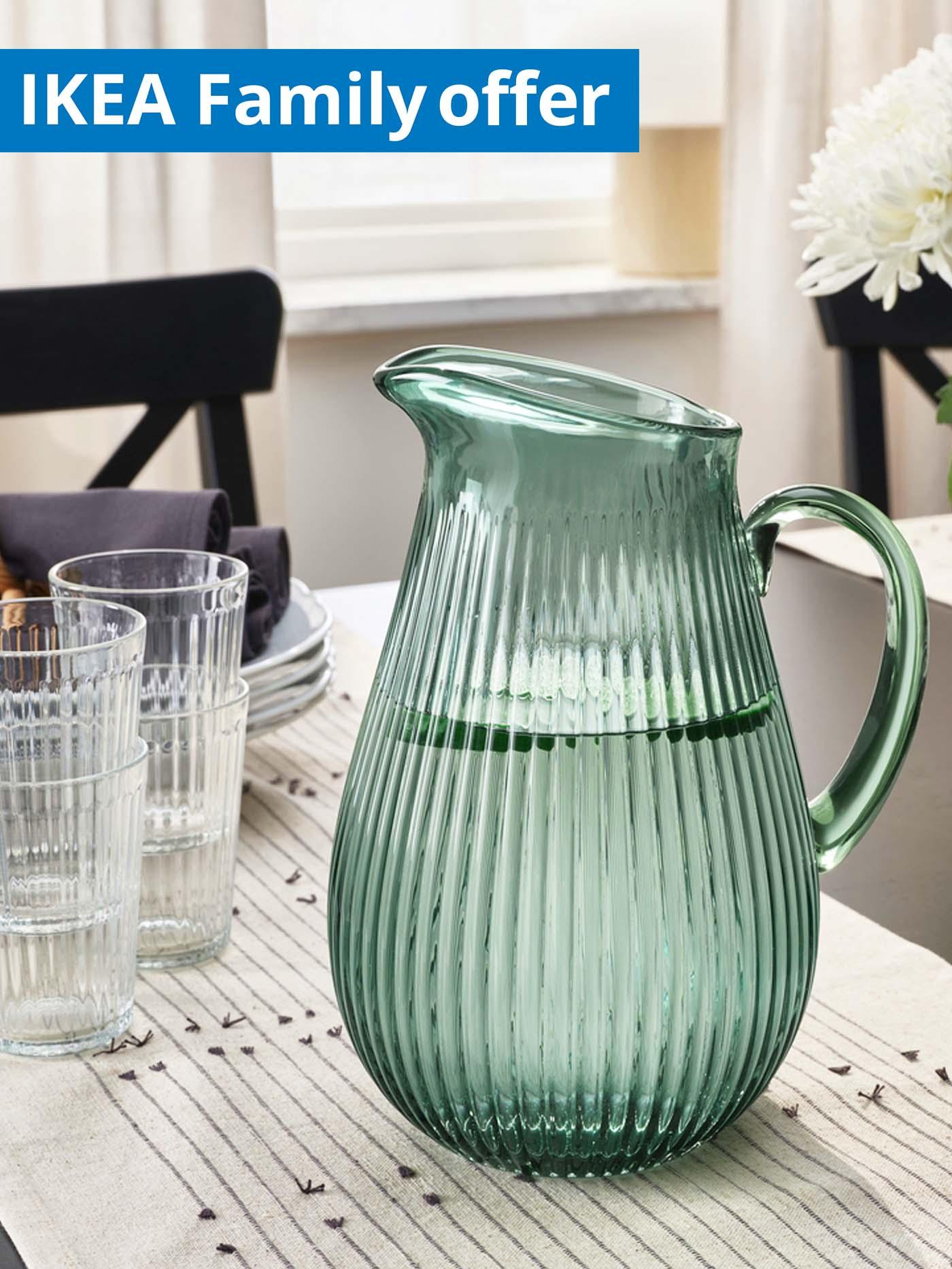 IKEA Family offer, 1-30 September 2026. VARDAGEN jug filled with water on dining table.