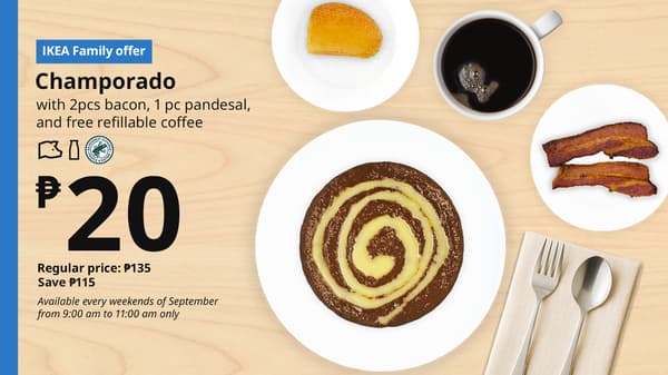 IKEA Family offer: Champorado with bacon, pandesal, and refillable coffee, priced at ₱20, valid weekends in September.
