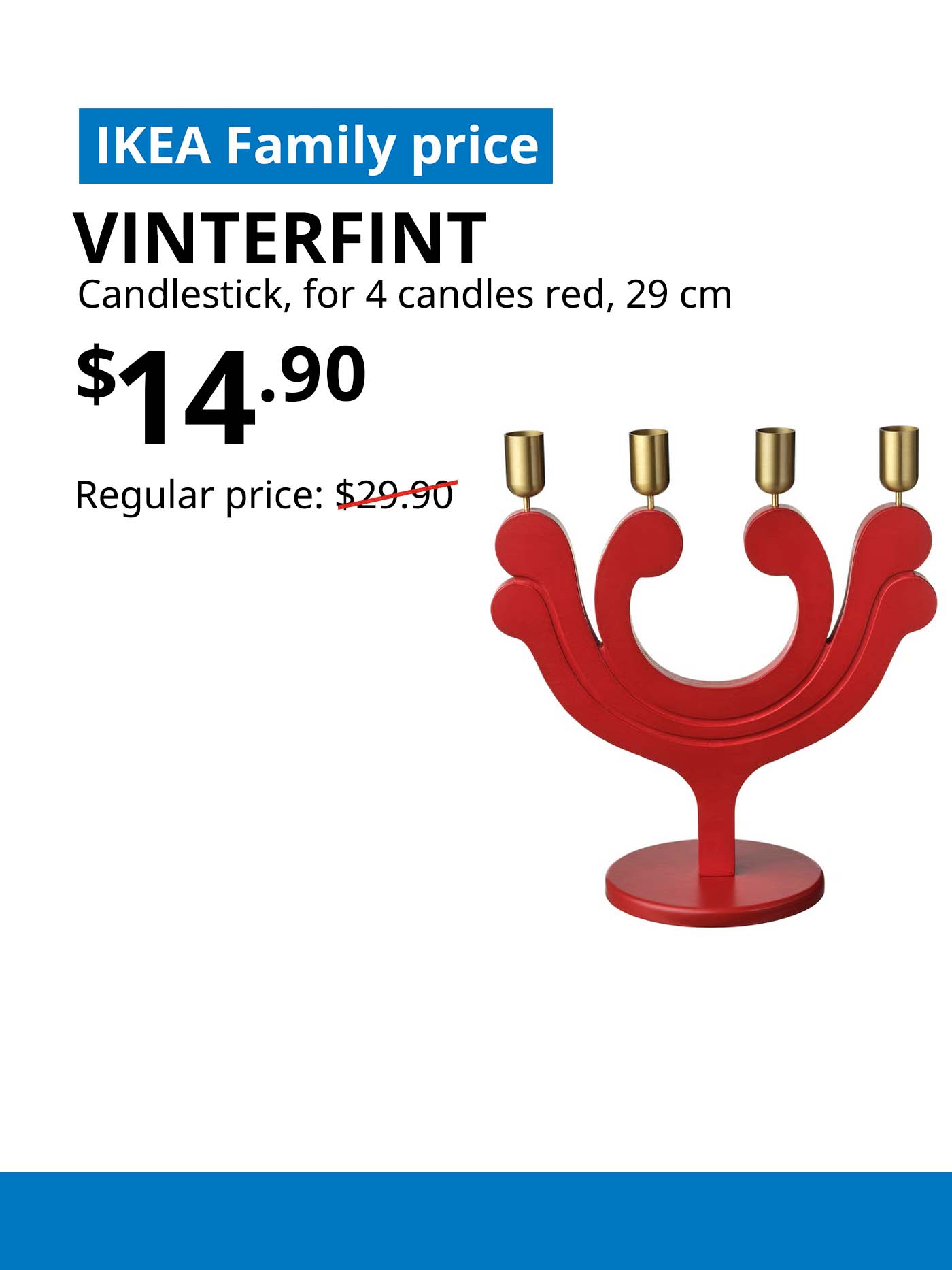 IKEA Family offer. Christmas VINTERFINT Candlestick, for 4 candles, red, 29 cm.