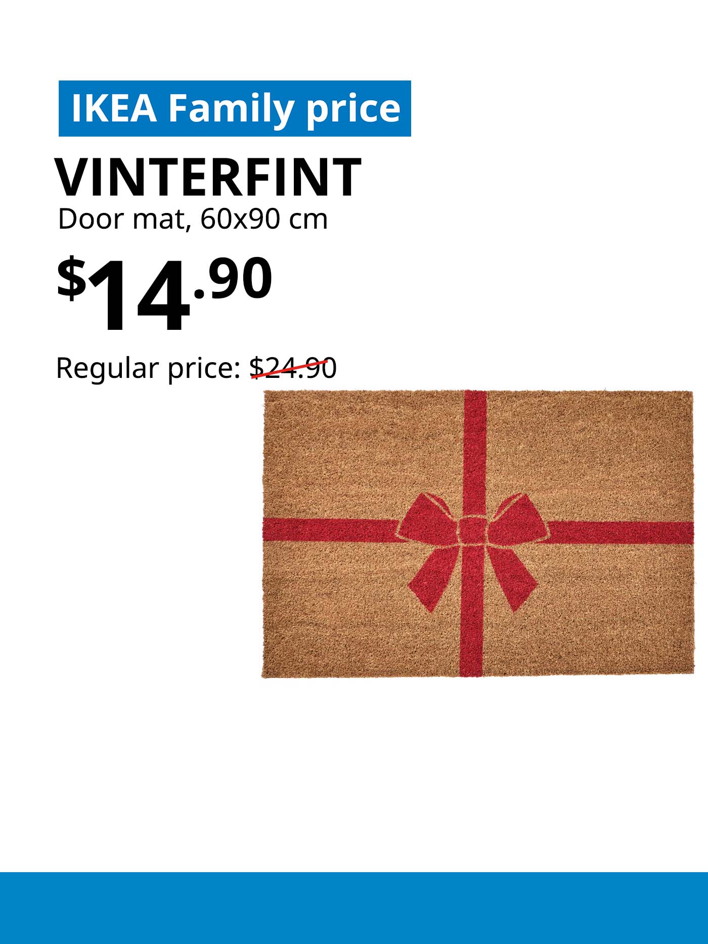IKEA Family offer. Christmas VINTERFINT Door mat, bow coir/red, 60x90 cm