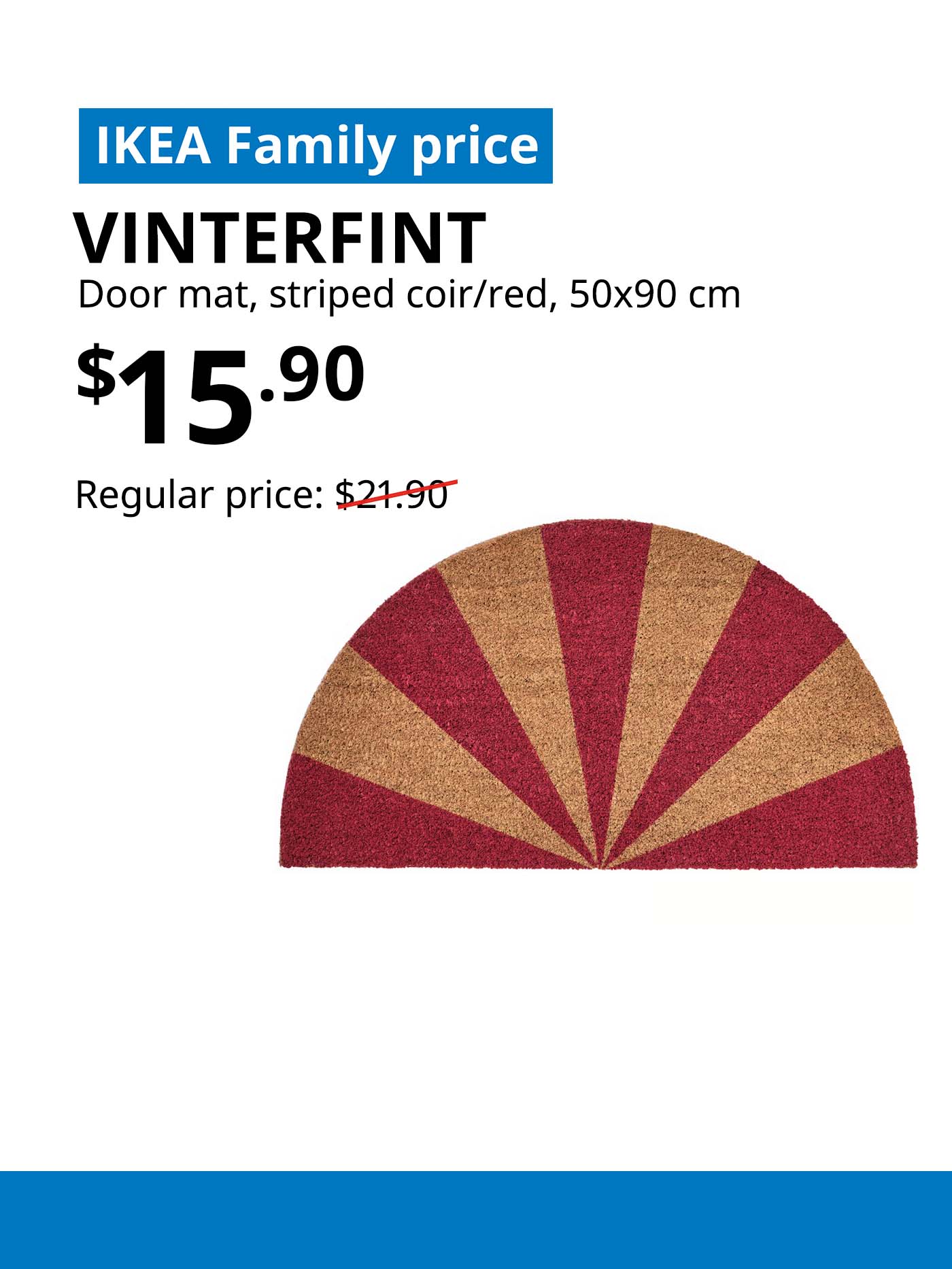 IKEA Family offer. Christmas VINTERFINT door mat, striped coir/red, 50x90 cm. $15.90