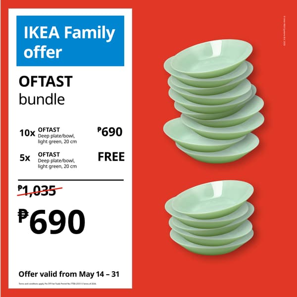 IKEA Family offer displays a stack of 15 light green deep plates. Discounted to ₱690 from ₱1035 for 10 plates; 5 plates free. Valid May 14-31.