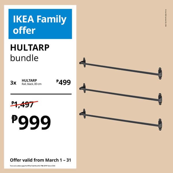 IKEA Family offer for a HULTARP bundle with three black 80 cm rails. Price reduced from ₱1,497 to ₱999. Offer valid from March 1-31.