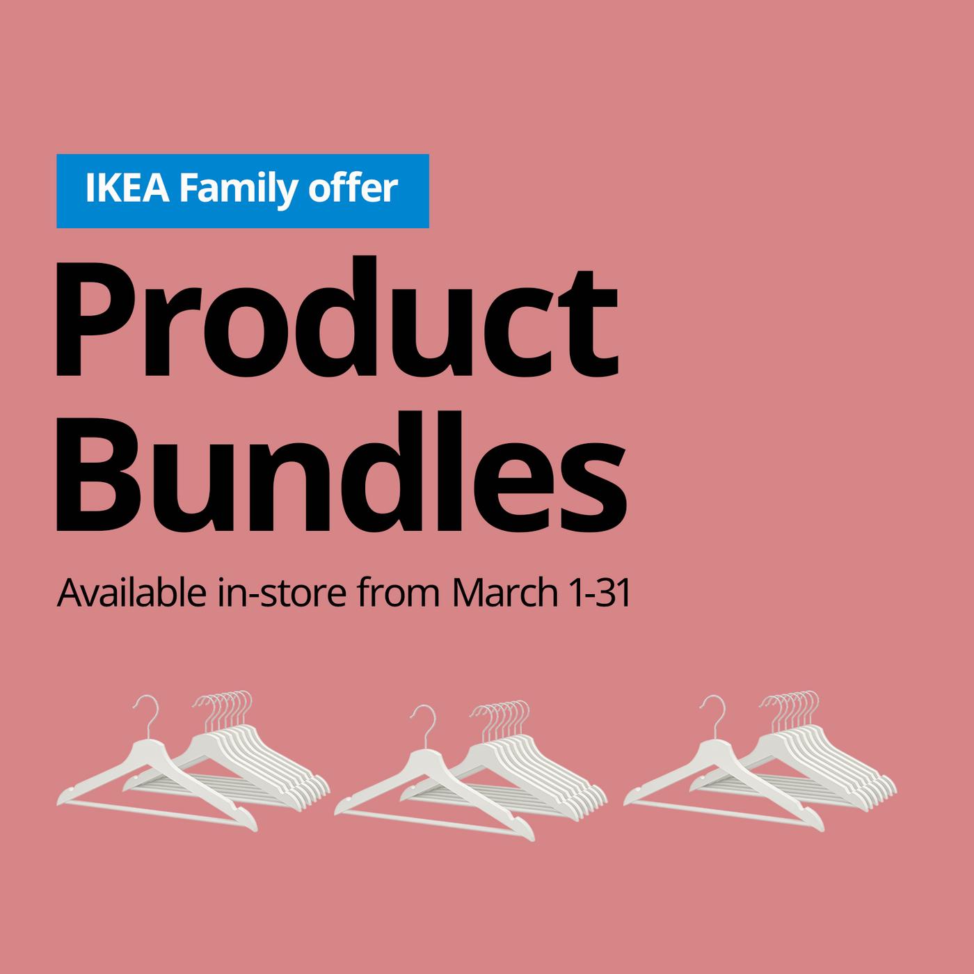 IKEA Family offer for product bundles, available in-store March 1-31. Pink background with images of white hangers in sets of five.