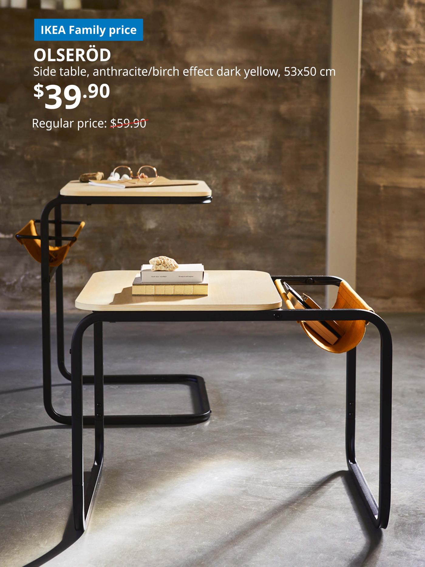 IKEA Family offer. OLSERÖD side table, anthracite/birch effect dark yellow, 53x50 cm. Regular price: $59.90. IKEA Family price: $39.90.