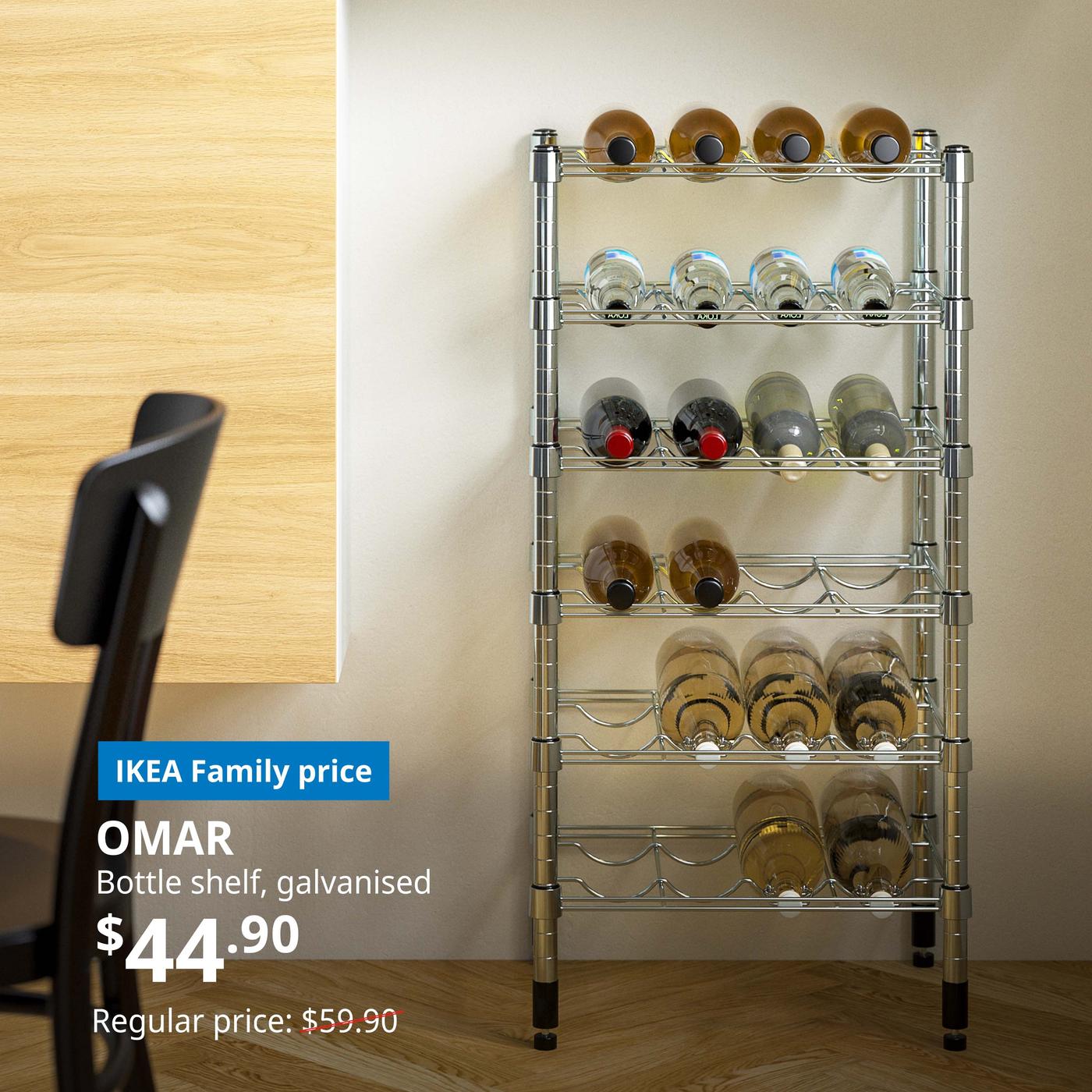 IKEA Family offer. OMAR bottle shelf, galvanised, 46x36x94 cm. Regular price: $59.90. IKEA Family price: $44.90.