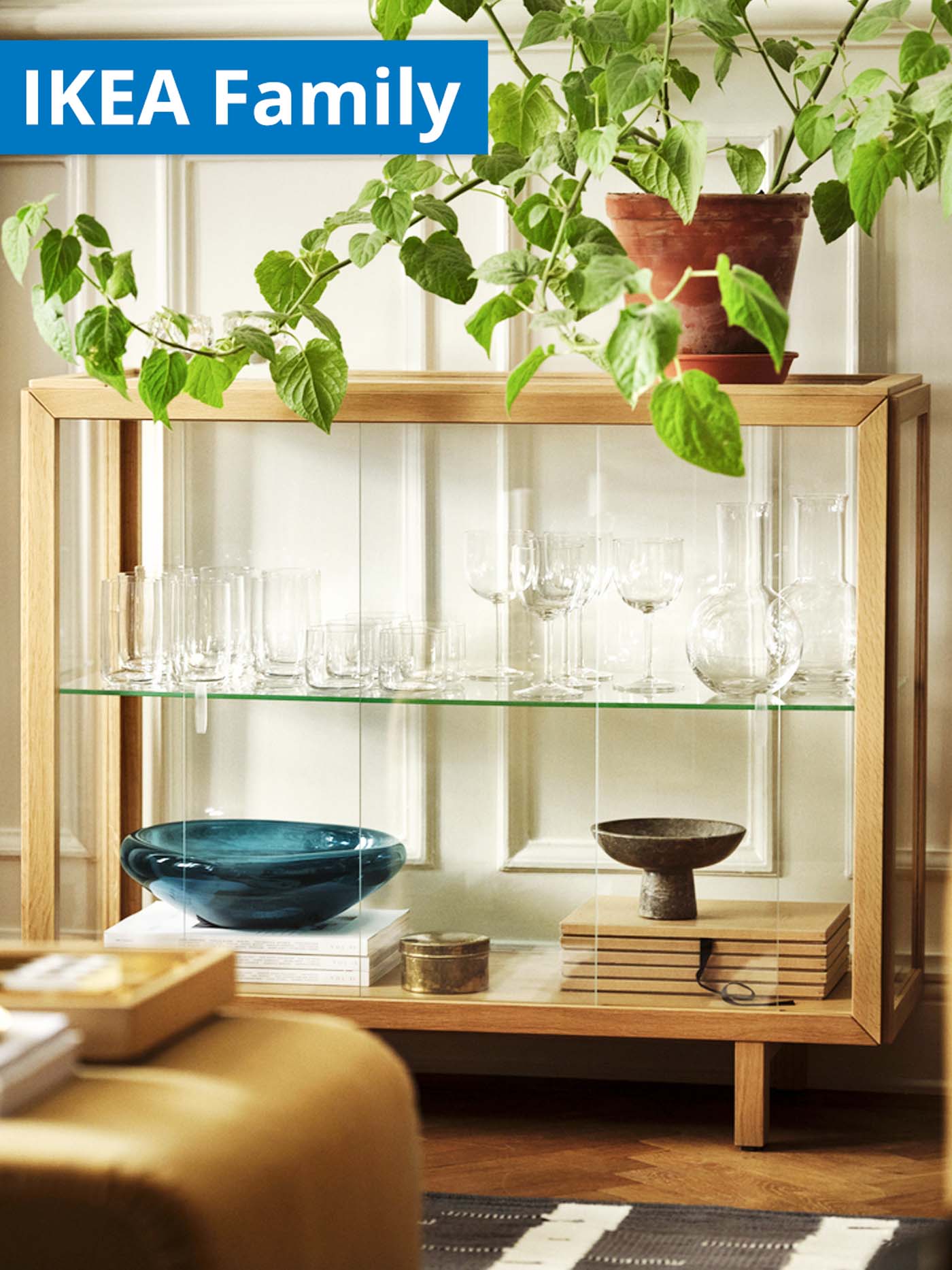 IKEA Family offer. STOCKHOLM 2025 glass-door cabinet, 100x40x86, oak veneer, in the living room filled with decorative items.