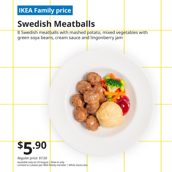 IKEA Family offer — Swedish meatballs with mashed potato, mixed vegetables with green soya beans, cream sauce and lingonberry jam