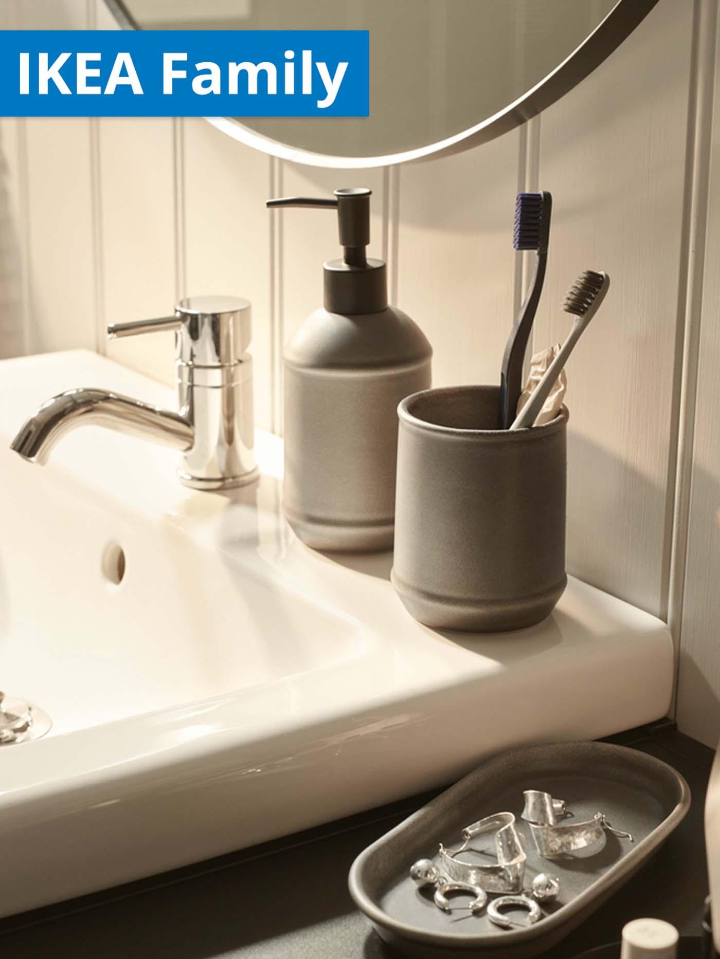 IKEA Family offer. TVALSJON bathroom set of 3 on bathroom sink.