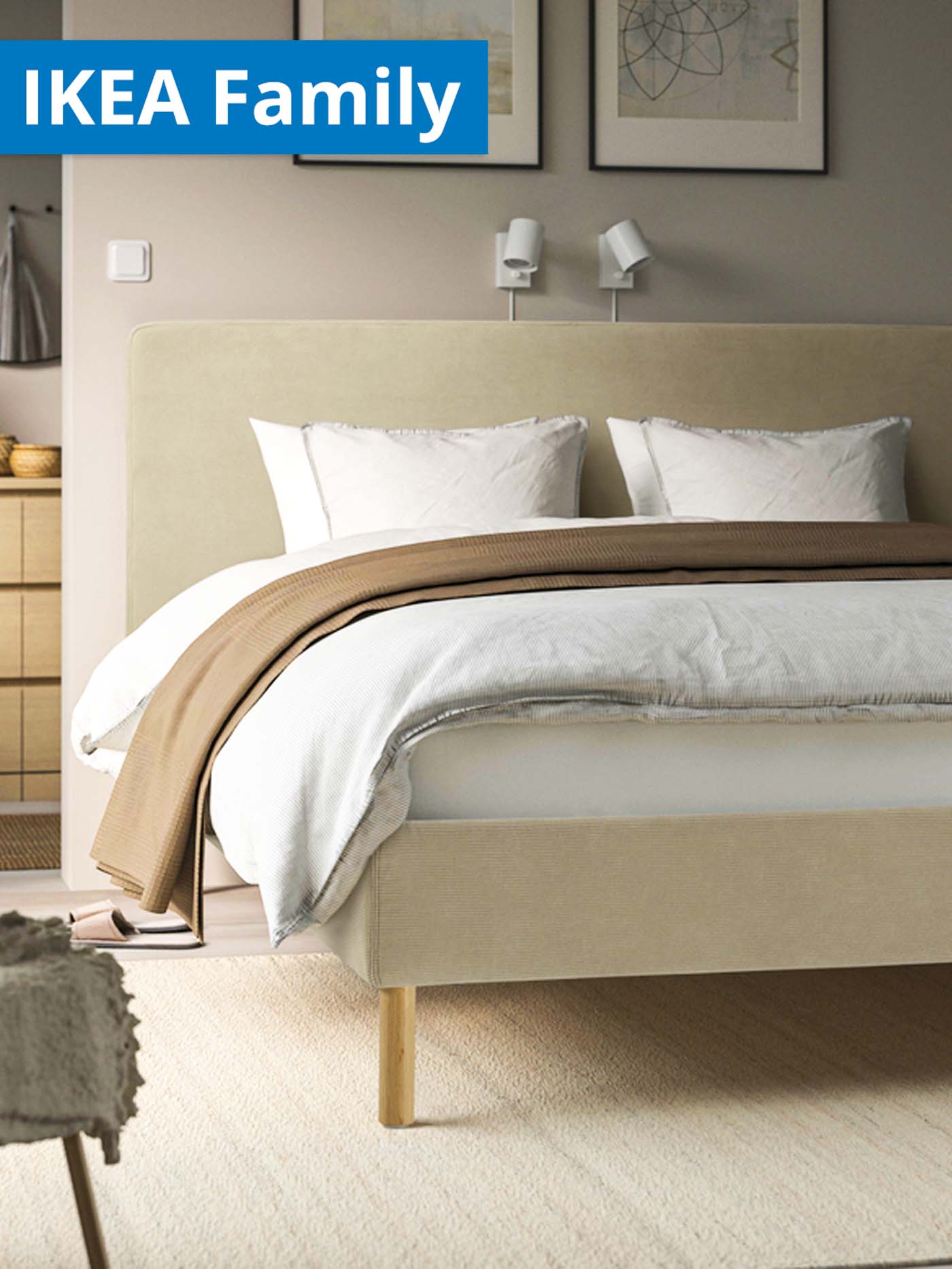 IKEA Family offers for Chinese New Year. Beige queen-sized bed frame with two pillows and duvet cover and bedspread in bedroom.