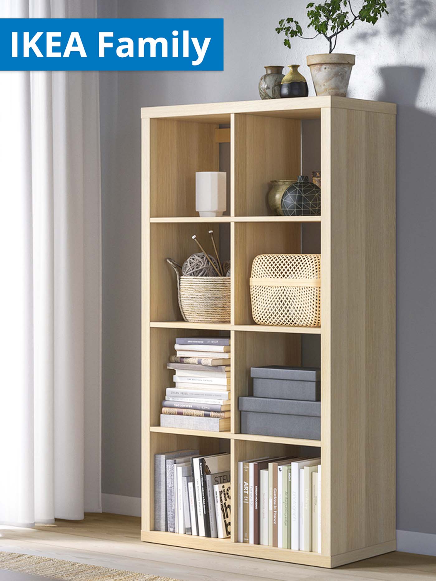 IKEA Family offers for Chinese New Year. Oak-stained KALLAX shelving unit in the living room.