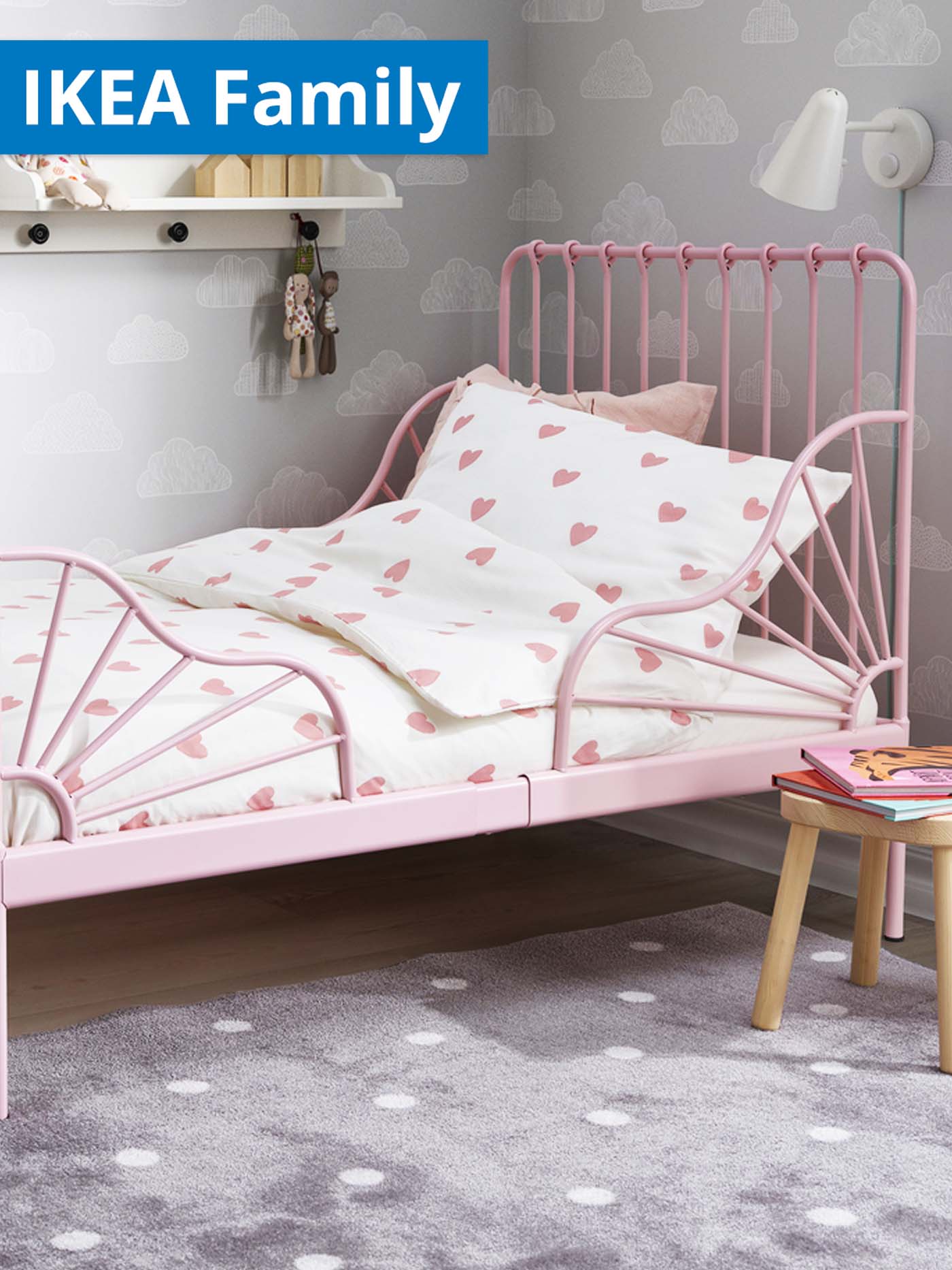 IKEA Family offers for Chinese New Year. Pink MINNEN extendable children's bed in children's bedroom with pink heart BARNDROM duvet cover and pillowcase.