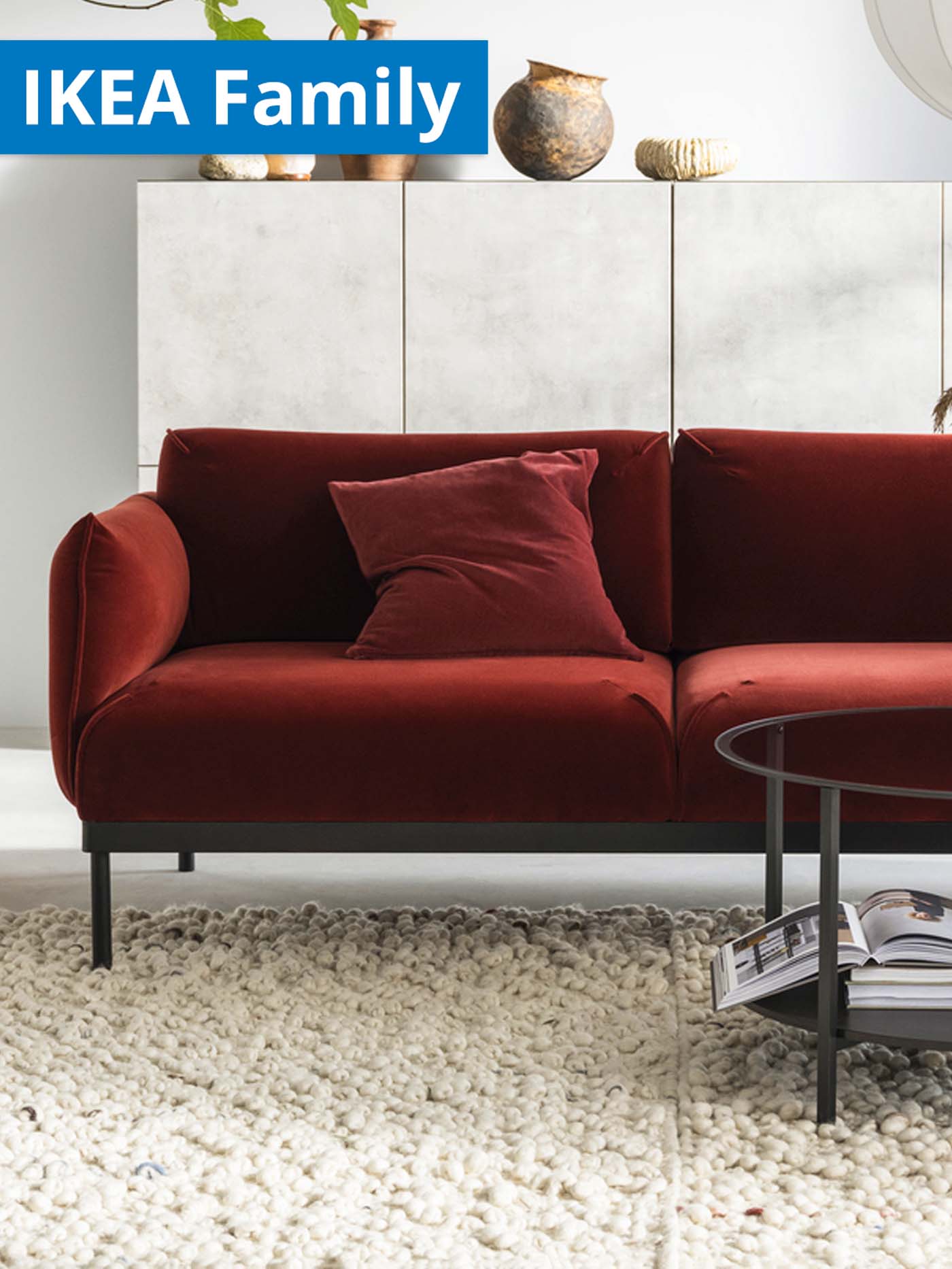 IKEA Family offers for Chinese New Year. Red APPLARYD 2-seater sofa in living room.