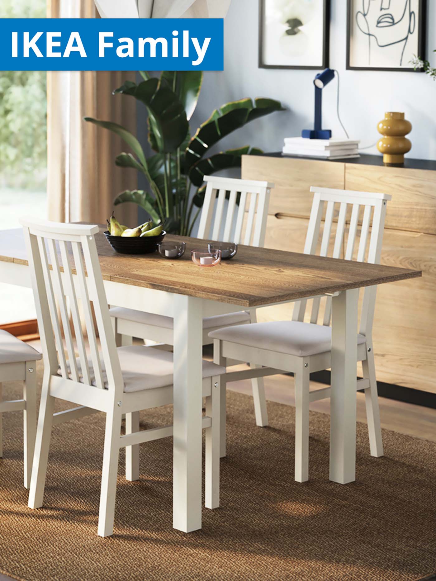 IKEA Family offers for Chinese New Year. White/brown ALHULT extendable dining table with four dining tables.  