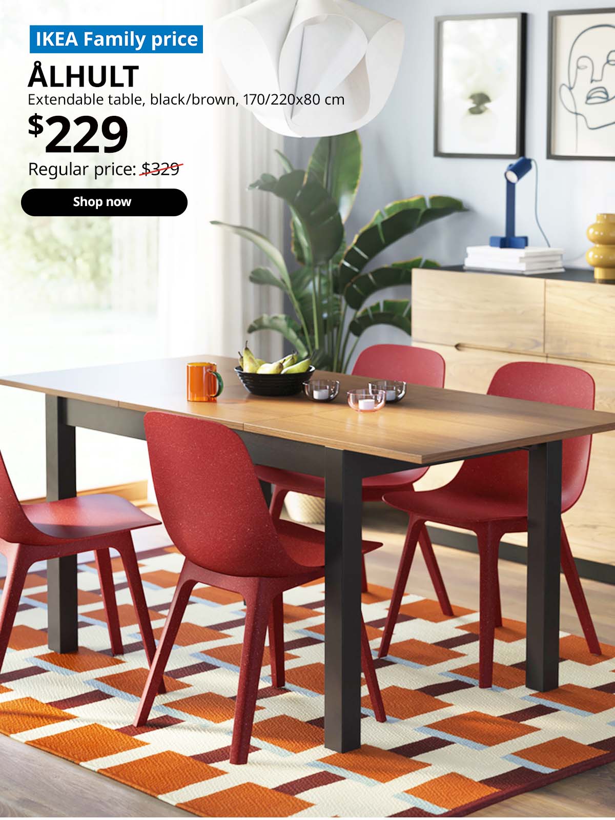 IKEA Family price. ÅLHULT Extendable table, black/brown, 170/220x80 cm. $229. Regular price: $329