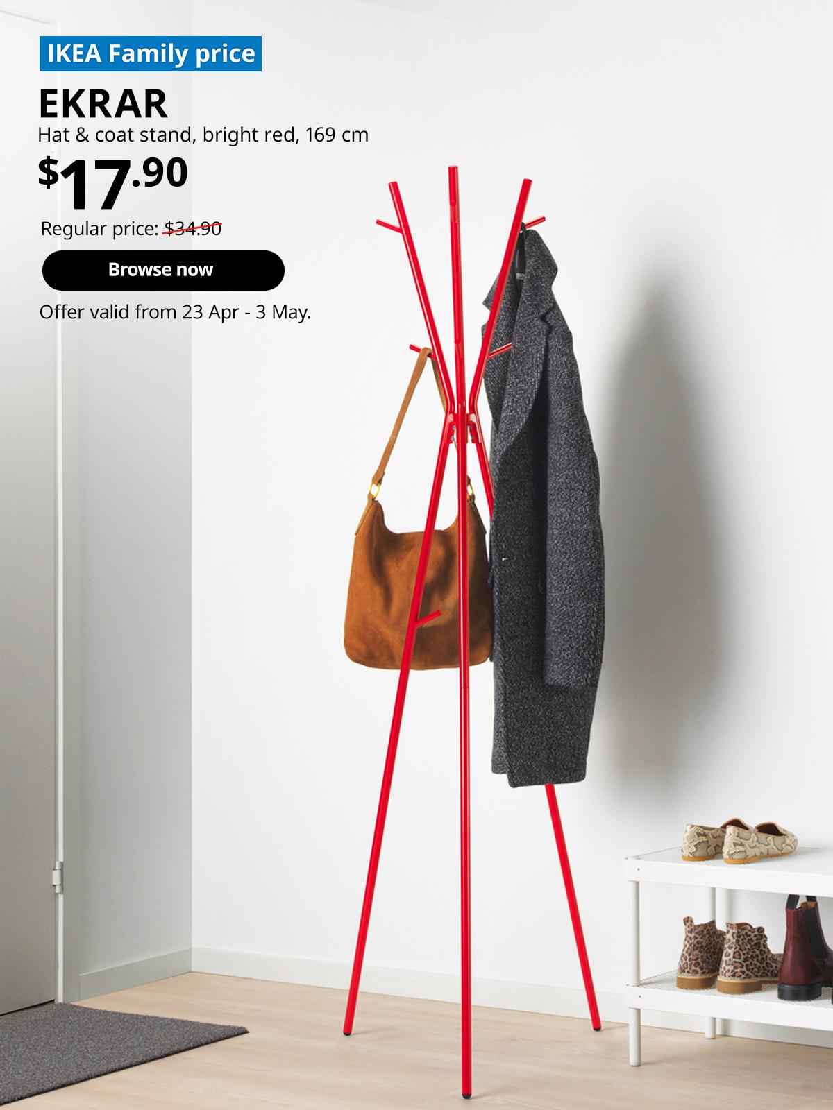 IKEA Family price tag at top left corner. EKRAR hat and coat stand, bright red, 169 cm. Price: $17.90. Regular price: $34.90. Offer valid from 23 Apr - 3 May, for High Five IKEA campaign.