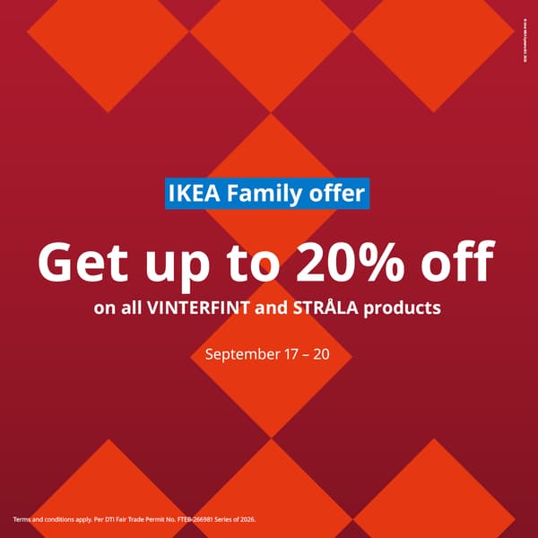 IKEA Family promotional graphic with bold red and orange geometric design, announcing up to 20% off VINTERFINT and STRÅLA products, September 17–20.