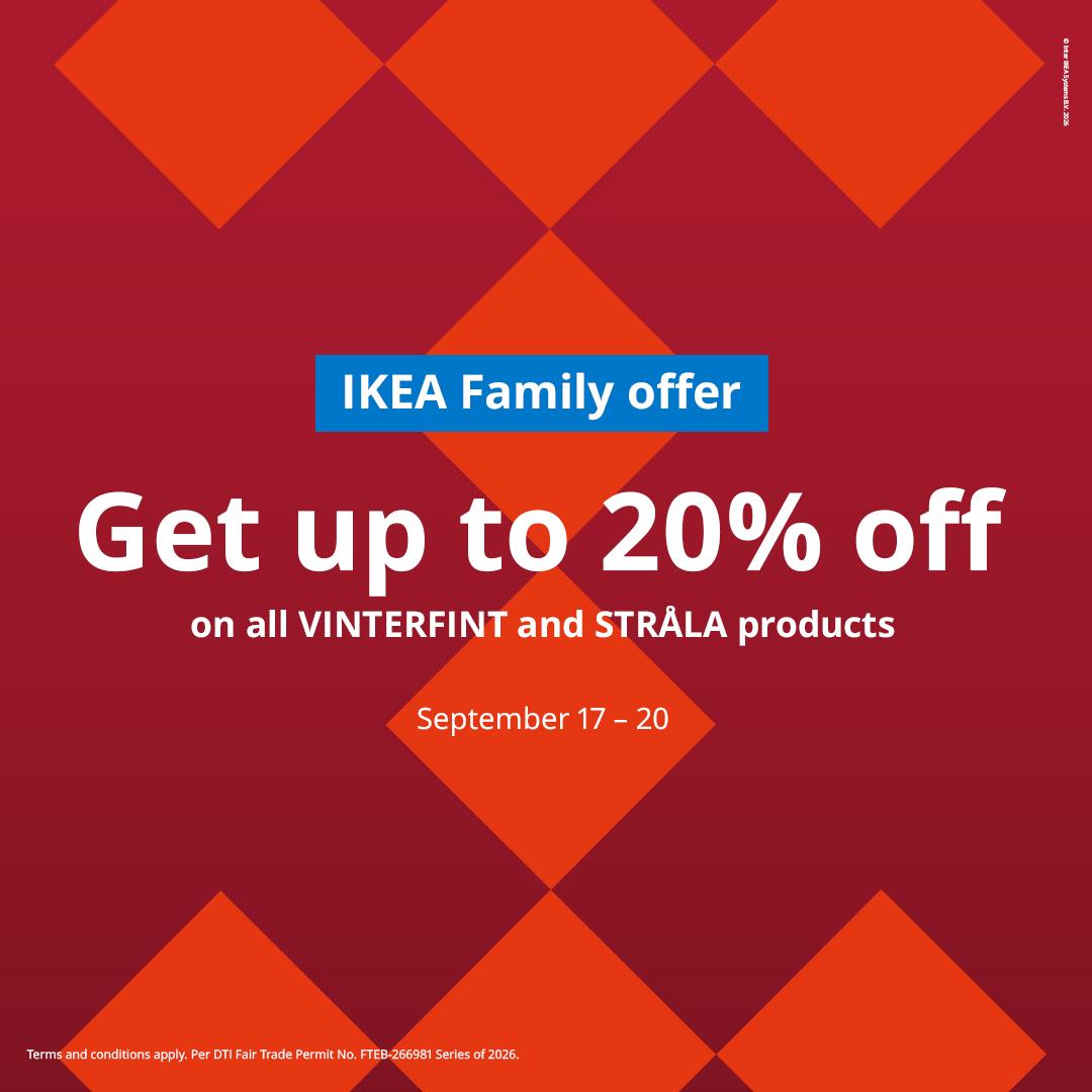IKEA Family promotional graphic with bold red and orange geometric design, announcing up to 20% off VINTERFINT and STRÅLA products, September 17–20.