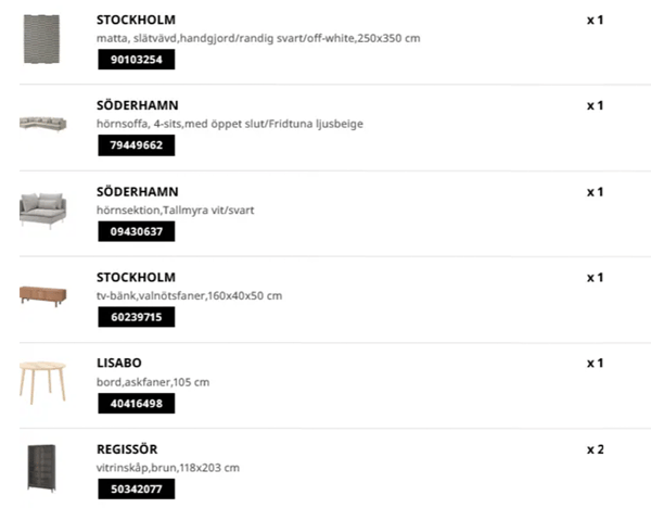 IKEA furniture product list with individual article numbers, selected for IKEA home design service