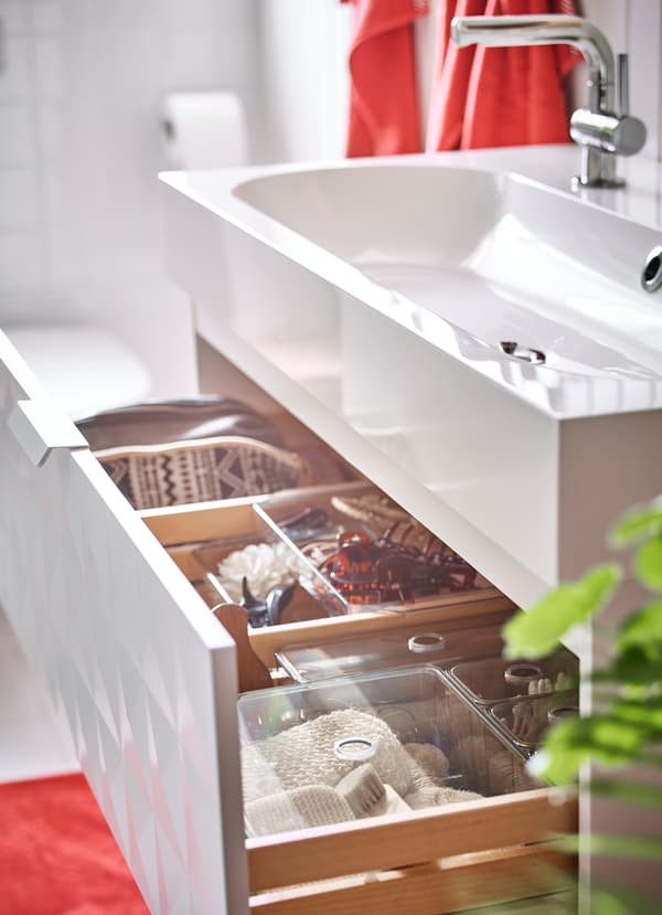 IKEA GODMORGON smoked plastic storage organiser boxes with lids are a perfect fit inside the GODMORGON washbasins. It comes in a set of 5 boxes, with different shapes. The lids have holes on top to easily open with just a finger.