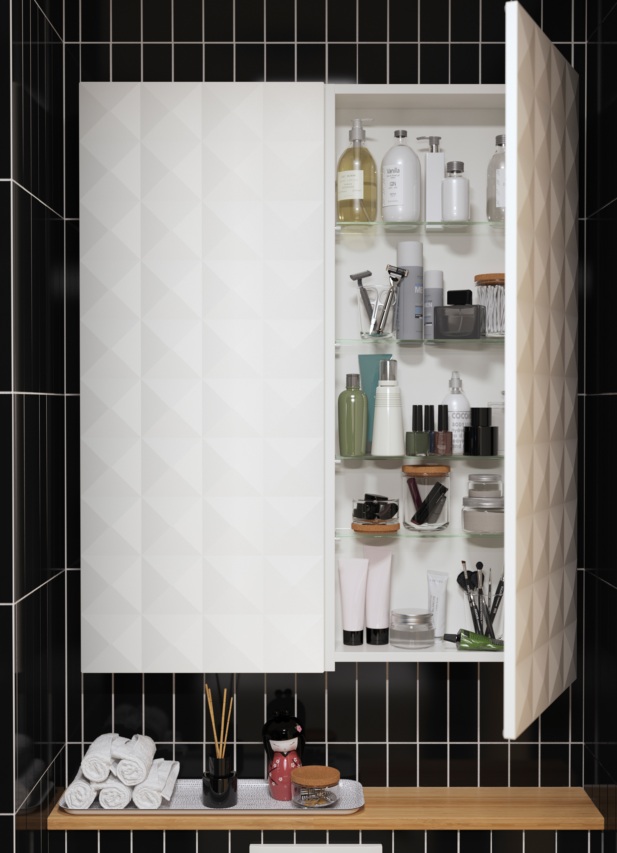 IKEA GODMORGON white wall cabinet comes with optional Resjön cabinet doors with a raised geometric pattern. Use the 5 shelves inside to organise bathroom supplies by family member, or by product type.