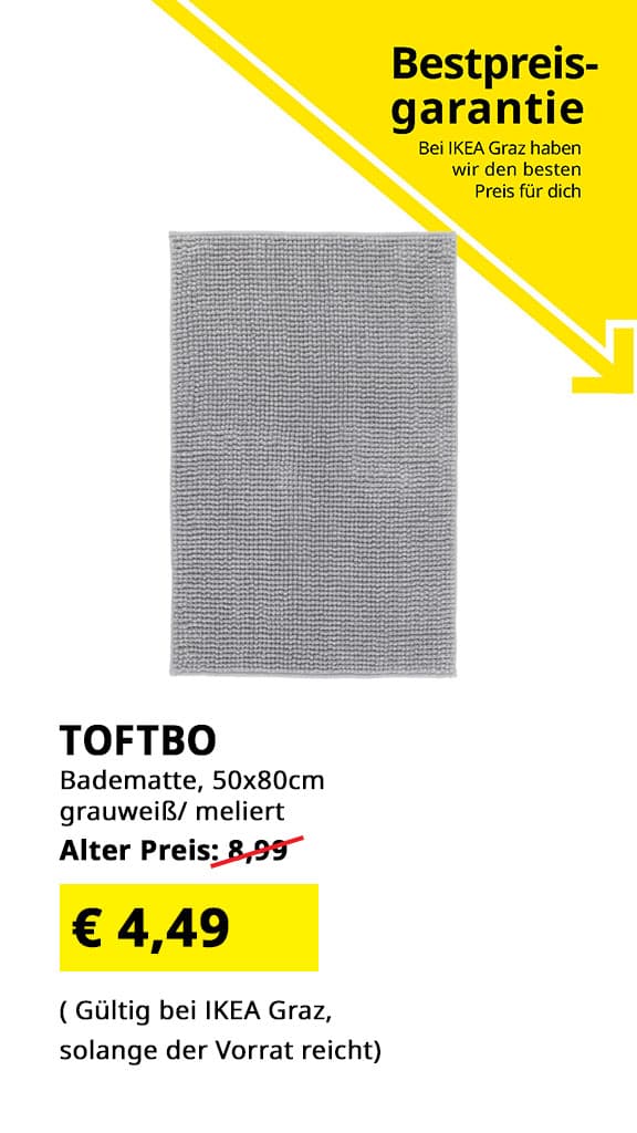IKEA Graz Bestpreisgarantie - Badematte Toftbo. 50x80cm, grauweiß meliert, statt € 8,99 zum IKEA Graz Bestpreis von € 4,49.