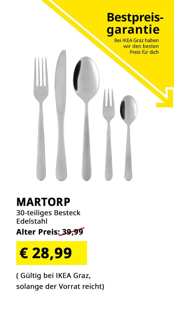 IKEA Graz Bestpreisgarantie - Besteck Martorp, 30- teilig, Edelstahl statt €39,99 zum IKEA Graz Bestepreis von €28,99.