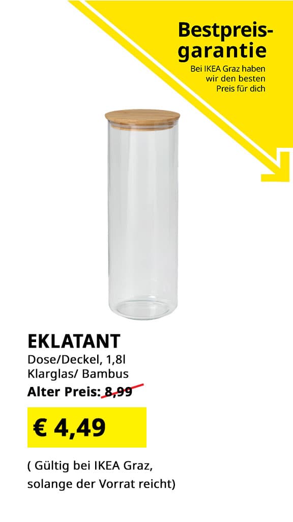 IKEA Graz Bestpreisgarantie - Dose mit Deckel Eklatant, 1,8l. Klarglas/ Bambus, statt € 8,99 zum IKEA Graz Bestpreis von  € 4,49.
