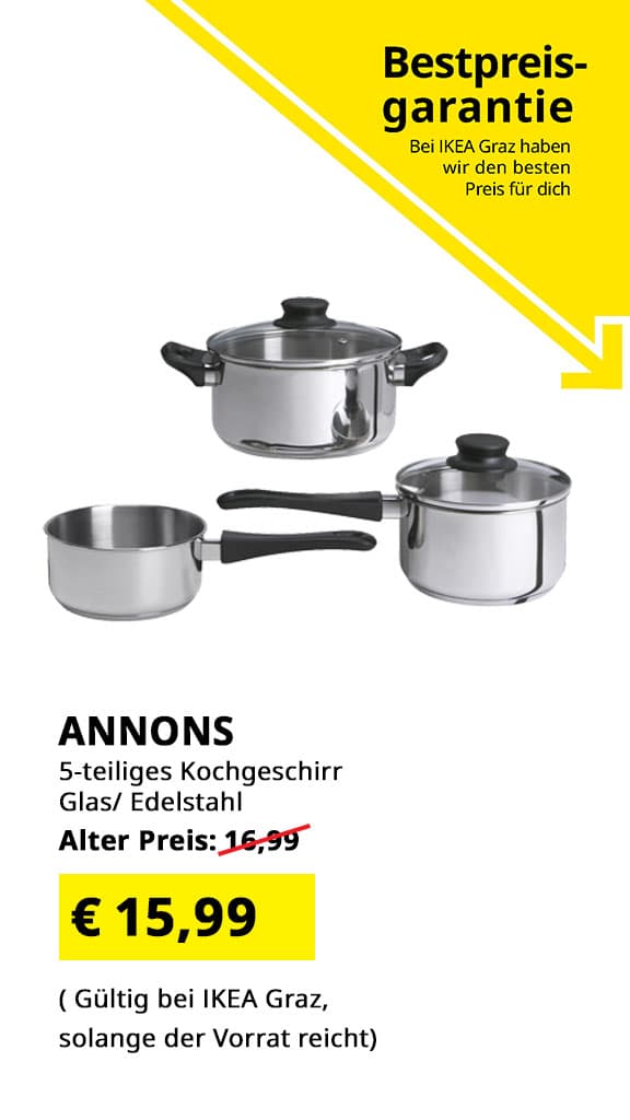 IKEA Graz Bestpreisgarantie - Kochgeschirr Annons, 5-teilig, Glas / Edelstahl, statt  € 16,99 zum IKEA Graz Bestpreis von € 15,99.