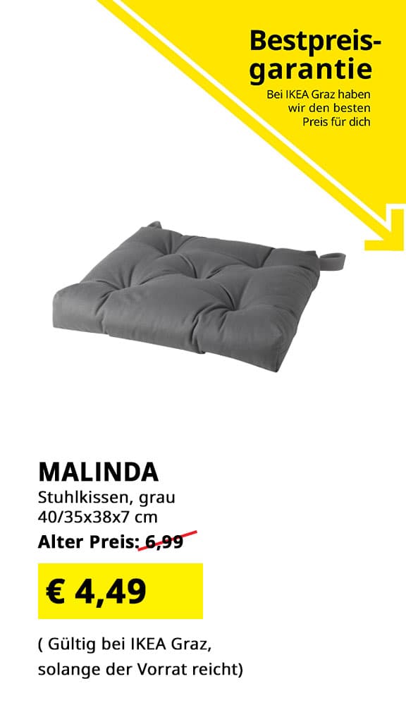 IKEA Graz Bestpreisgarantie - Stuhlkissen Malinda, 40/35x38x7cm, grau, statt € 6,99 zum IKEA Graz Bestpreis von € 4,49.