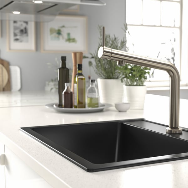IKEA HÄLLVIKEN black quartz sink with BOSJÖN stainless steel tap.