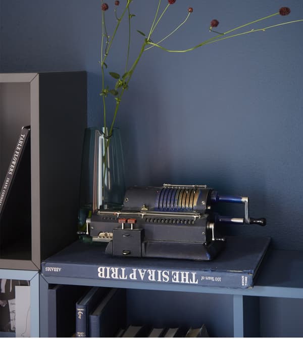 IKEA has lots of home decor ideas like using INTAGANDE carafe in light green glass to hold a tall, thin stem.