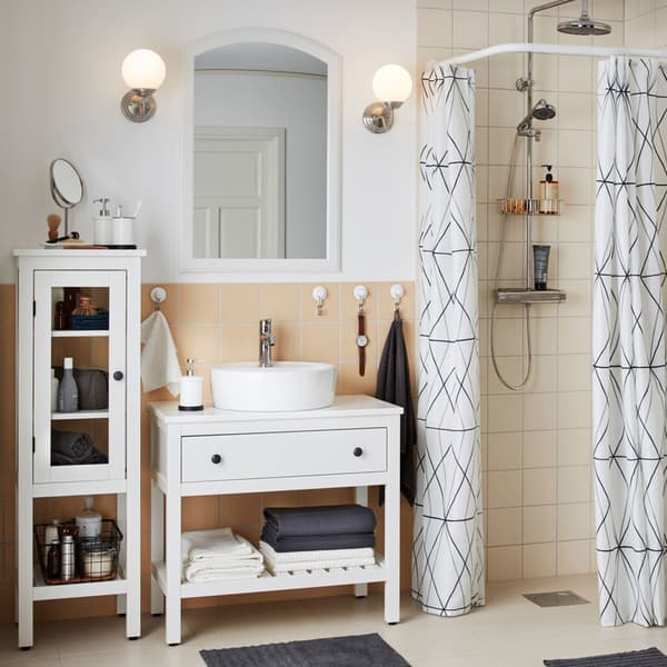 IKEA HEMNES bathroom series is a traditional furniture series with pure white drawers, towel stands, benches and clear glass cabinets to fit many spaces.