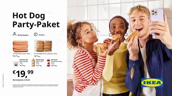 IKEA-Hot-Dog-Party-Paket für 16 Personen:  16 Hot-Dog Würstchen, 880g, gekühlt, 16 Brötchen, 64g, tiefgefroren, 1 Packung ROSTAD Lök Röstzwiebeln, 100 g und je eine Flasche IKEA Senf und Ketchup, je 500g, statt € 23,25 um € 19,99. Angebot gültig bist auf Widerruf und solange der Vorrat reicht.
