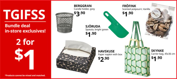 IKEA in-store exclusive bundle deal featuring selected everyday home accessories including a tissue box, reusable shopping bag, scrubber and snack clips. Buy any 2 selected items for $1.