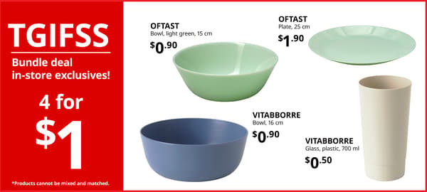 IKEA in-store exclusive bundle deal on selected VITABBORRE tableware. Buy any 4 selected bowls and tumblers for $1.