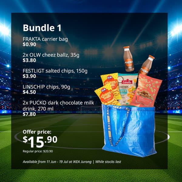 IKEA Jurong's Swedish Food Market bundle for Watch party hosting — Bundle 1: FRAKTA carrier bag $0.90, 2x OLW cheez ballz (35g) $3.80, FESTLIGT salted chips (150g) $3.90, 
LINSCHIP chips (90g) $4.50, 2x PUCKO dark chocolate milk drink (270 ml) $7.80. 
Offer price $15.90; Regular price: $20.90.
Available from 11 Jun - 19 Jul at IKEA Jurong | While stocks last
