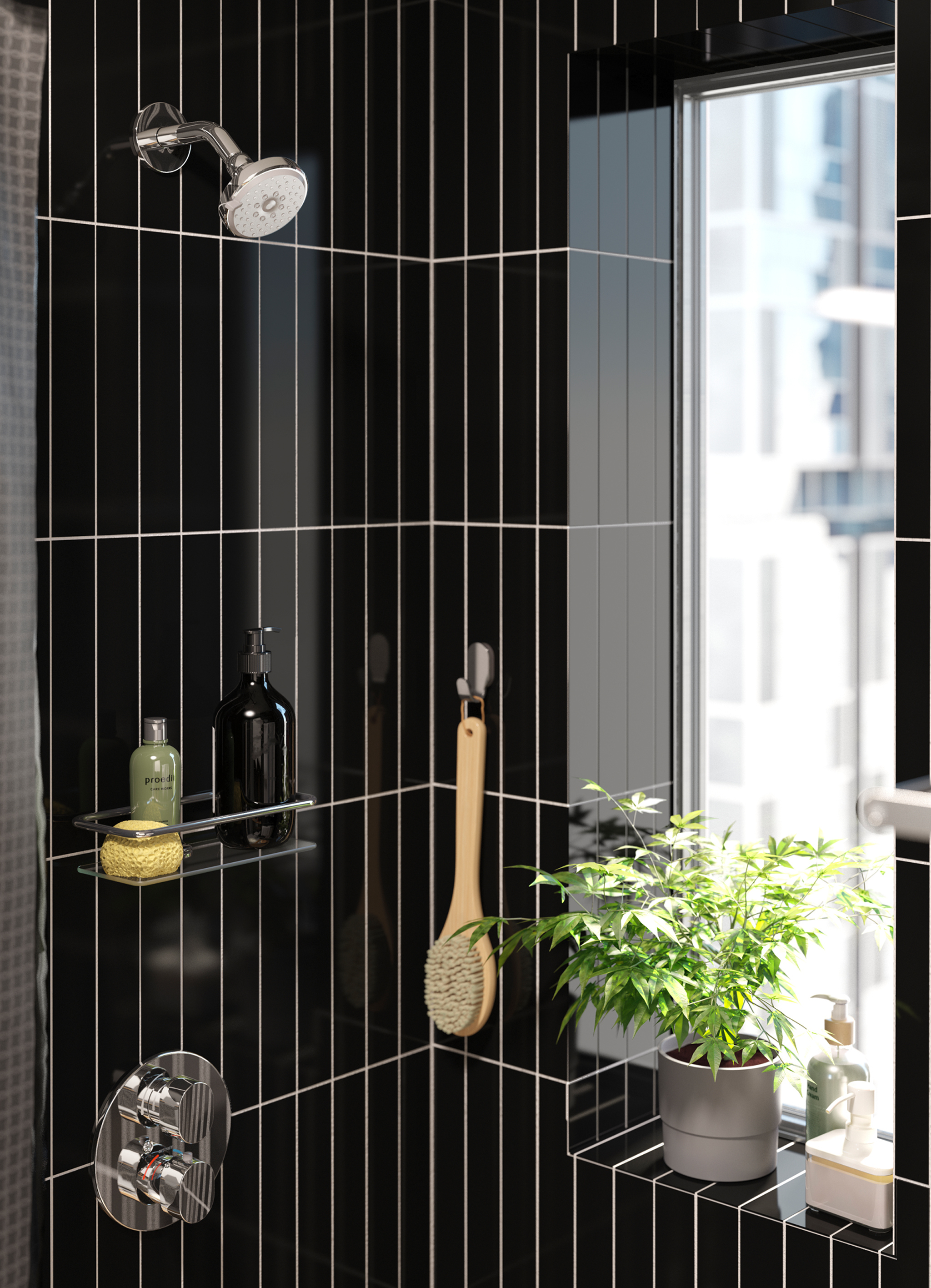 IKEA KALKGRUND chrome-plated shower shelf has a smooth rail to keep items in place and open sides to let  shower water flow through to prevent moisture buildup. A bonsai or small plant can also add a spa-like atmosphere to your bathroom.