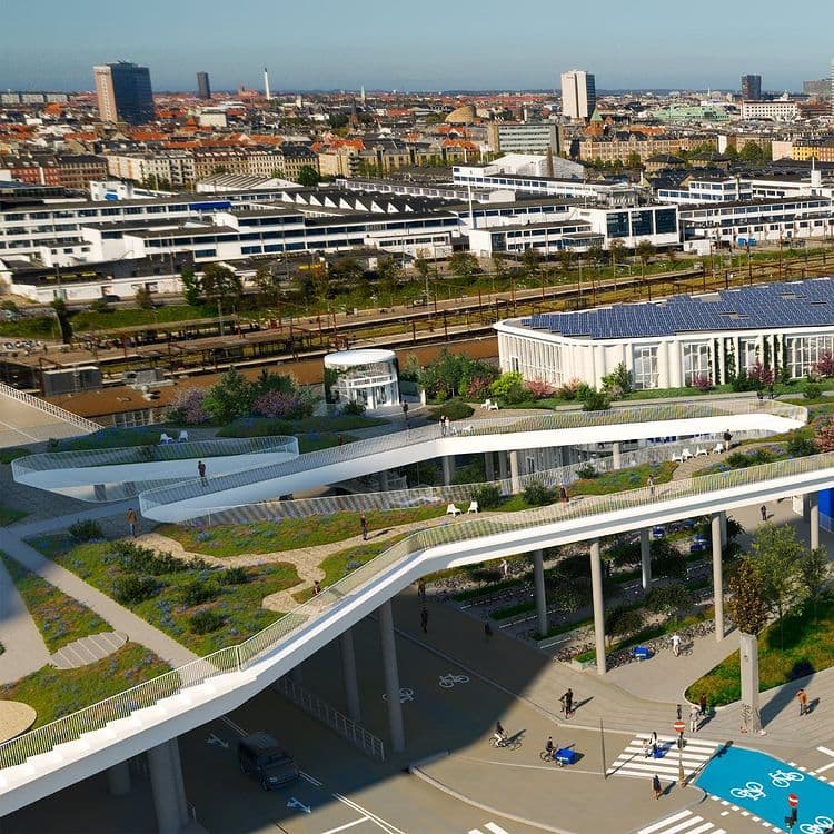 IKEA København set fra oven med taghave og kig over ud over København. 