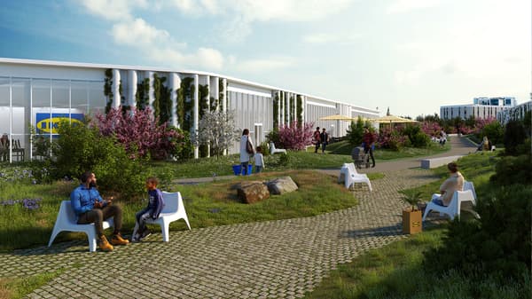 IKEA Københavns taghave med træer, græs og mennesker der nyder solen. 