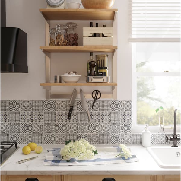 IKEA KUNGSFORS ash veneer suspension rail with shelves and a magnet knife rack provides an open storage solution in the kitchen.