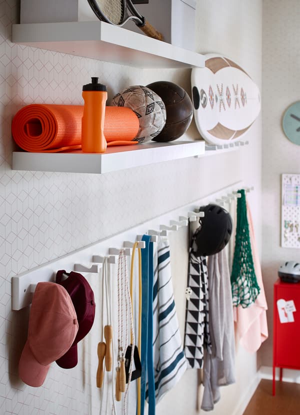 IKEA LACK white wall shelf is 110 centimeters in length. Mount multiple shelves onto the wall and customise the height between each shelf. Store sports equipment, yoga mats and more on the open storage shelves.