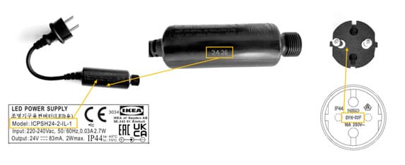 IKEA LED-Netzteil mit technischen Daten und Stecker, geeignet für LED-Leuchten und nachhaltige Beleuchtungslösungen.