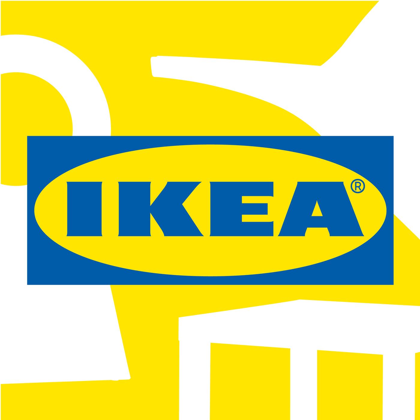IKEA logo in blue and yellow on a graphic background with abstract shapes in the same colours.