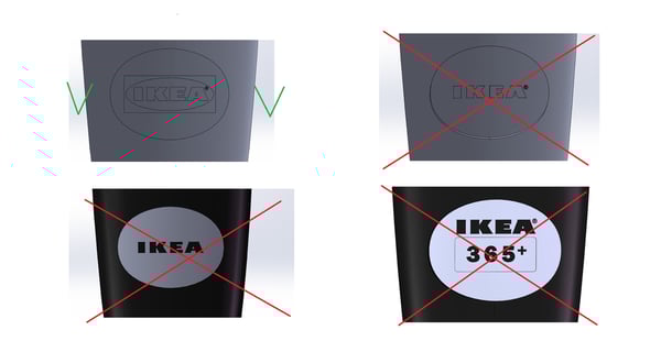 IKEA-logotyp som berörs av återkallelsen och varianter som inte berörs.